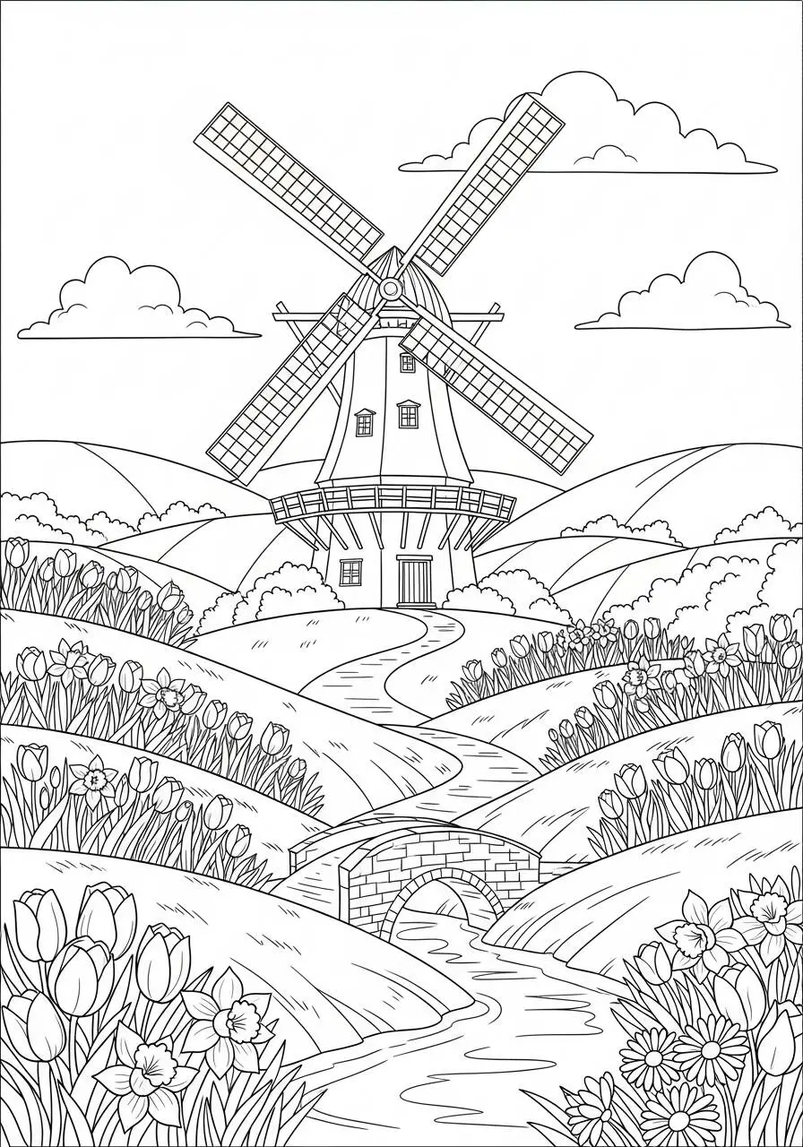 Desenho de Primavera com Moinho e Campos de Flores para Colorir