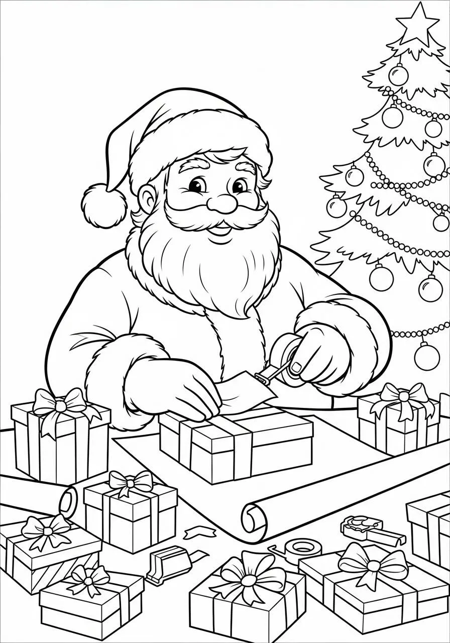 Desenho de Papai Noel Enrolando Presentes para Colorir