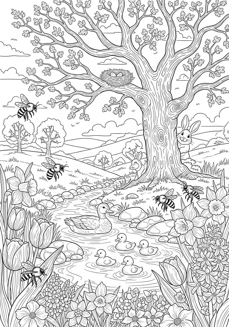Desenho de Primavera com Pato e Filhotes para Colorir