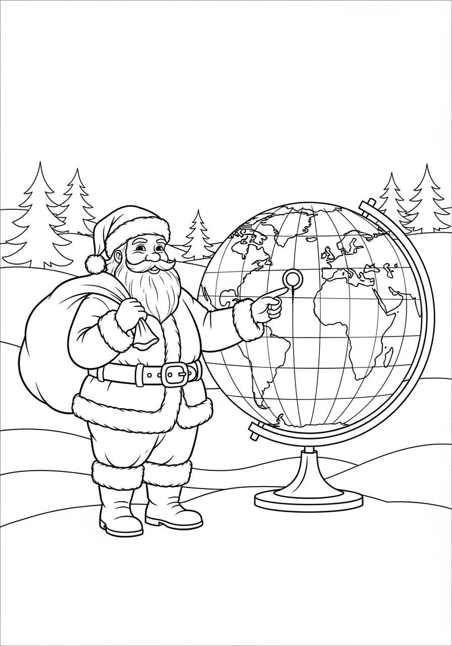 Desenho de Papai Noel com Globo Terrestre para Colorir