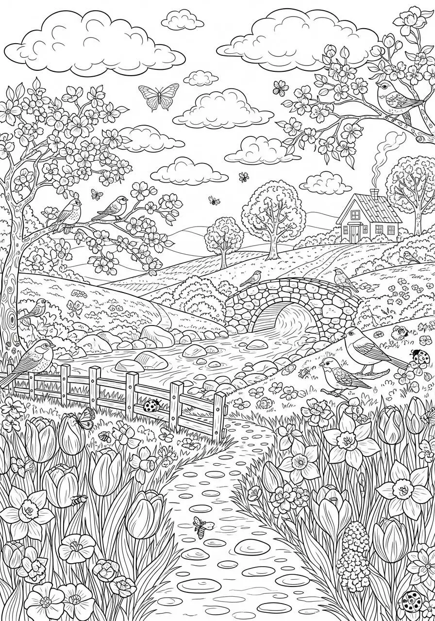 Desenho de Primavera com Paisagem de Campo e Flores para Colorir