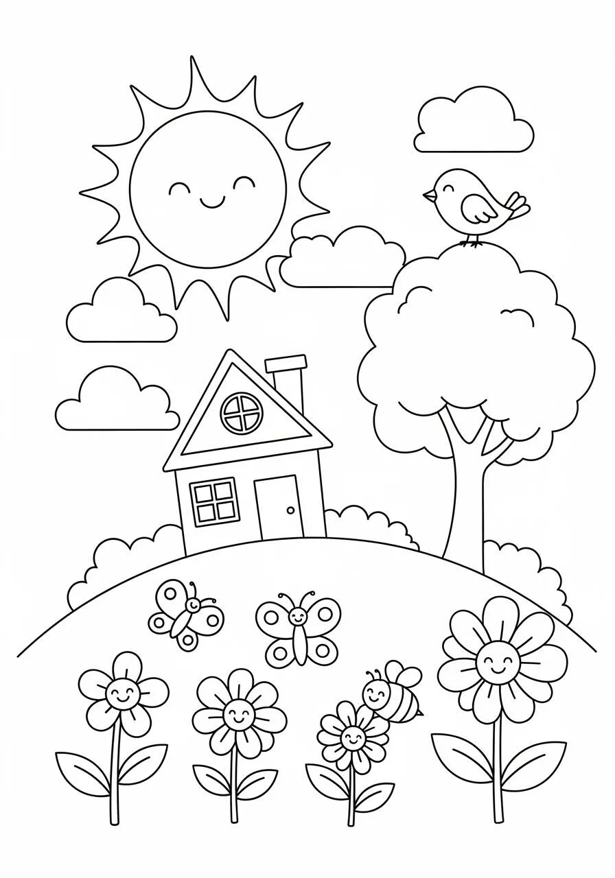 Desenho de Primavera com Casa, Sol e Flores para Colorir