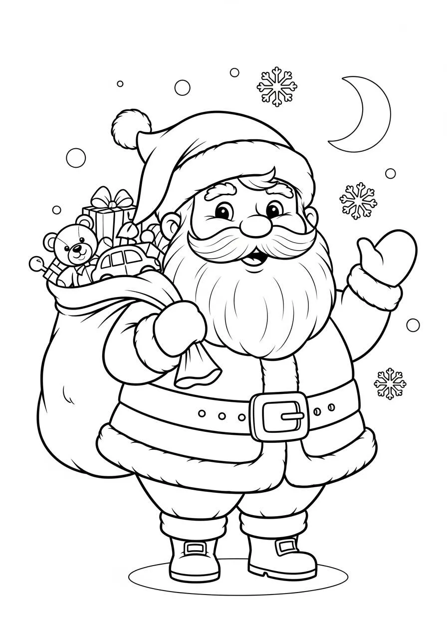 Desenho de Papai Noel com Saco de Presentes e Neve para Colorir