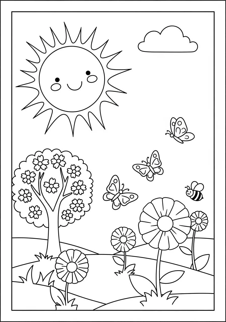 Desenho de Primavera com Sol Sorridente e Flores para Colorir