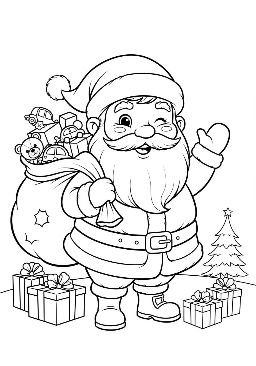 Desenho de Papai Noel com Saco de Presentes e Árvore para Colorir