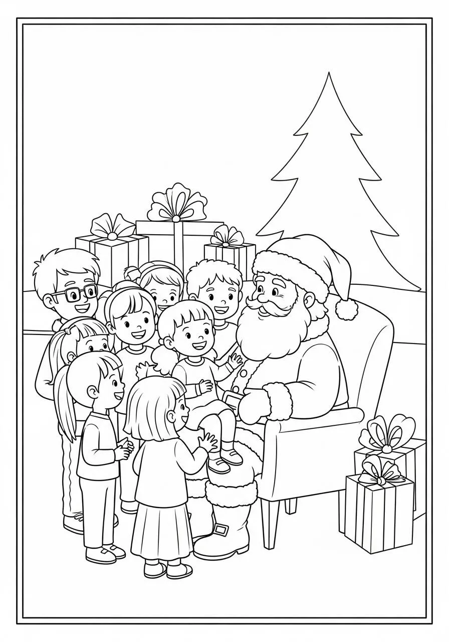 Desenho de Papai Noel com Crianças para Colorir
