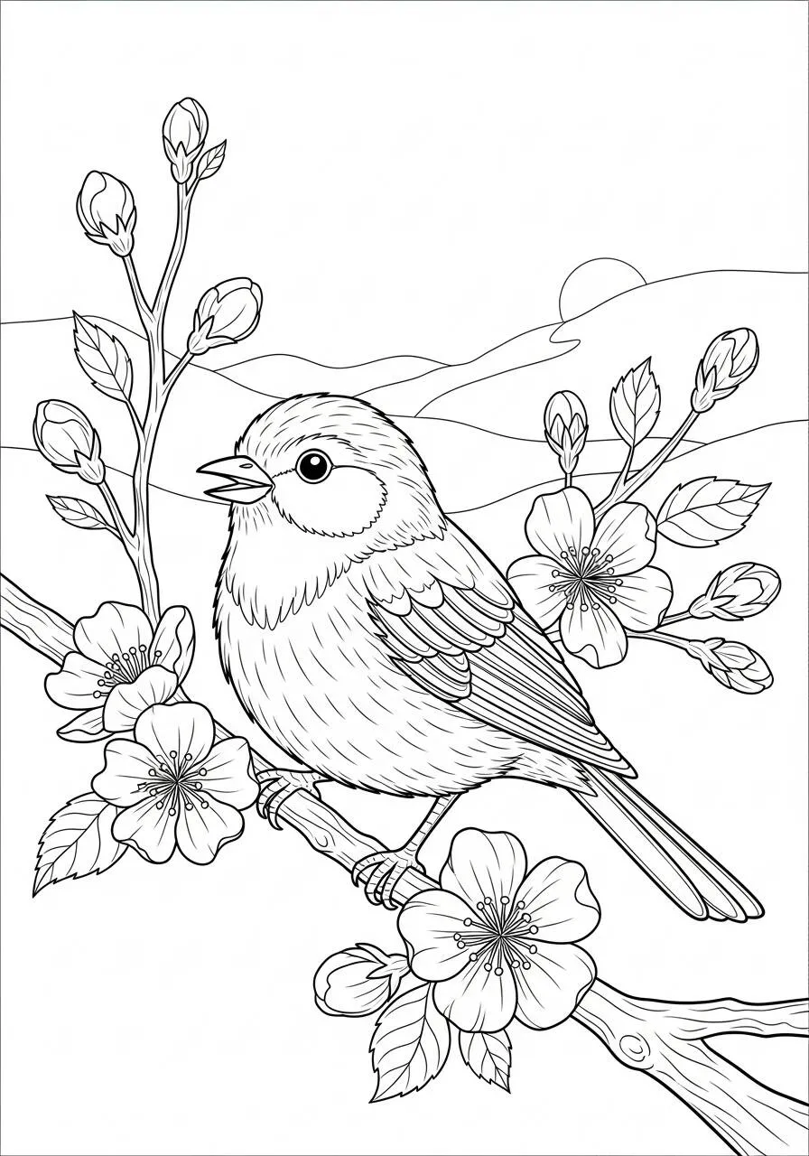 Desenho de Primavera com Pássaro e Flores para Colorir