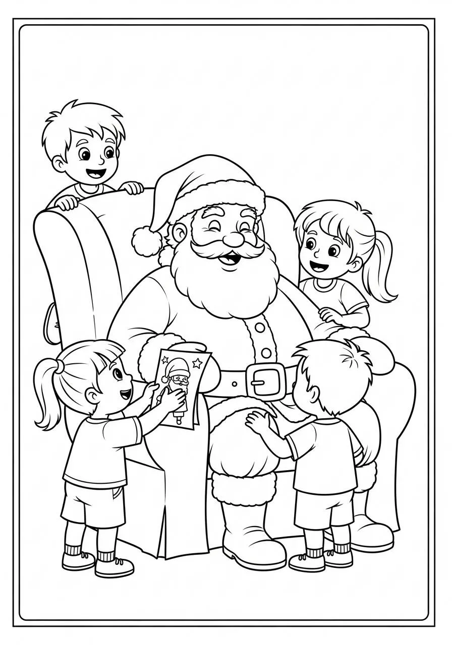 Desenho de Papai Noel com Crianças para Colorir