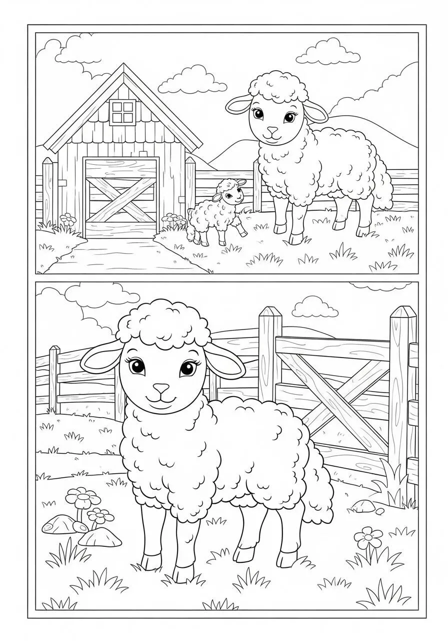 Desenho de Primavera com Ovelhas e Fazenda para Colorir