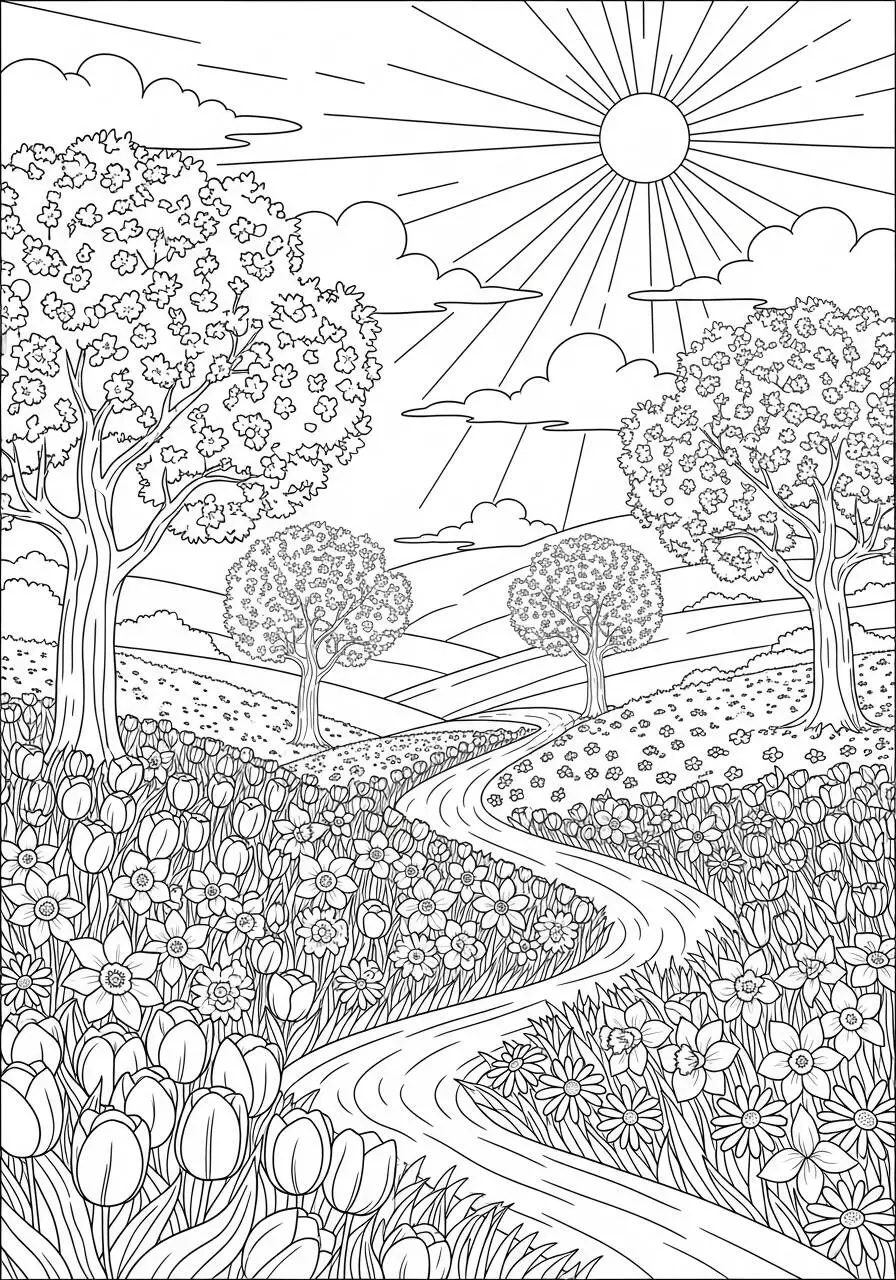 Desenho de Primavera com Caminho e Flores para Colorir