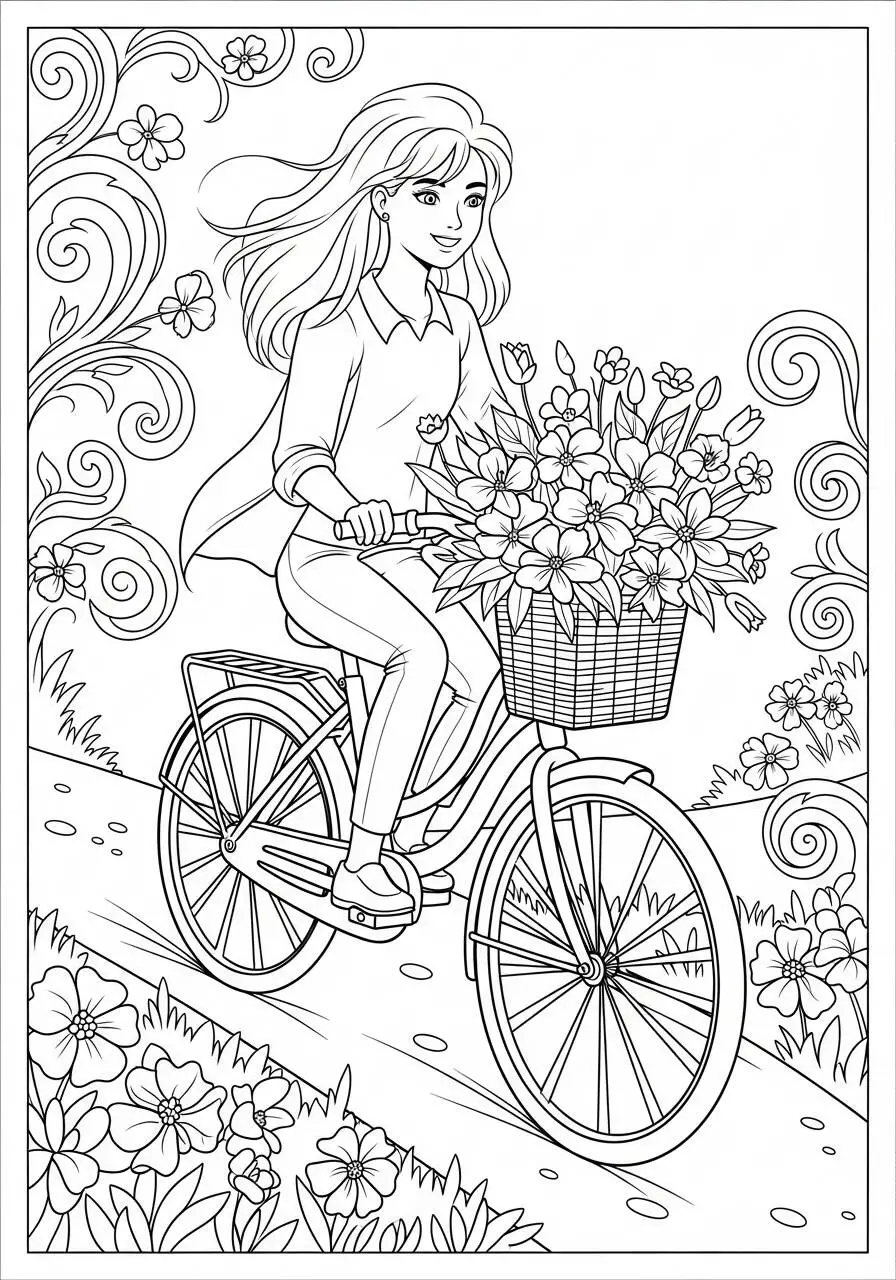Desenho de Primavera com Menina Andando de Bicicleta e Flores para Colorir