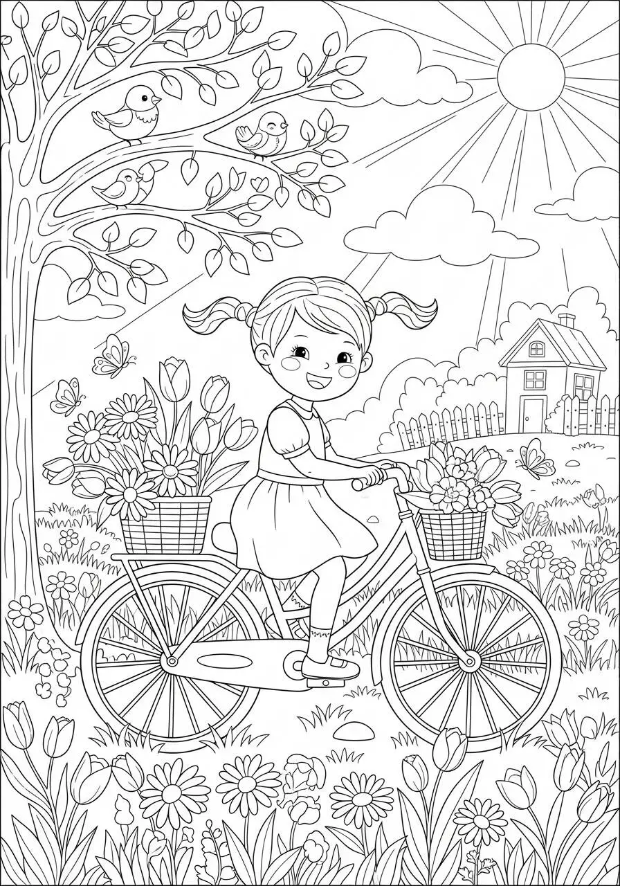 Desenho de Primavera com Menina na Bicicleta e Flores para Colorir