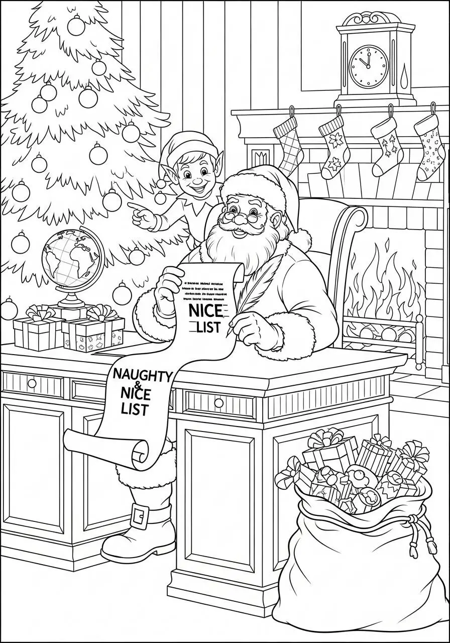 Desenho de Papai Noel com Lista de Presentes para Colorir