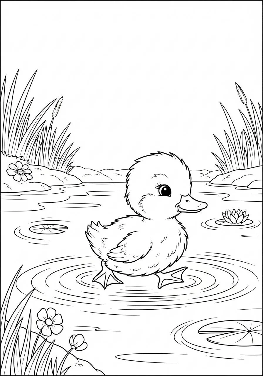 Desenho de Primavera com Pato em Lago para Colorir