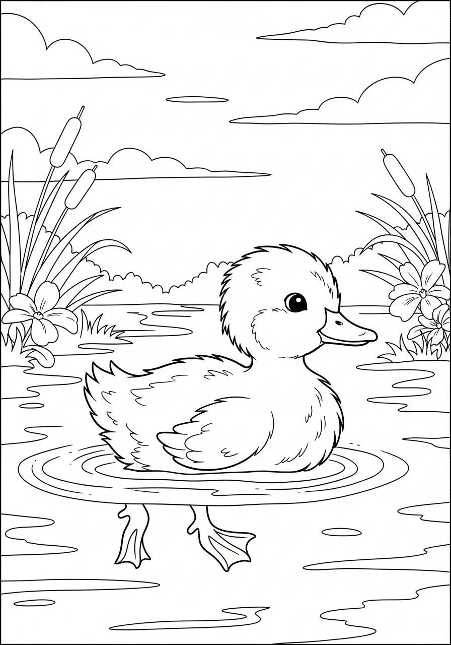 Desenho de Primavera com Pato Flutuando em Lagoa para Colorir