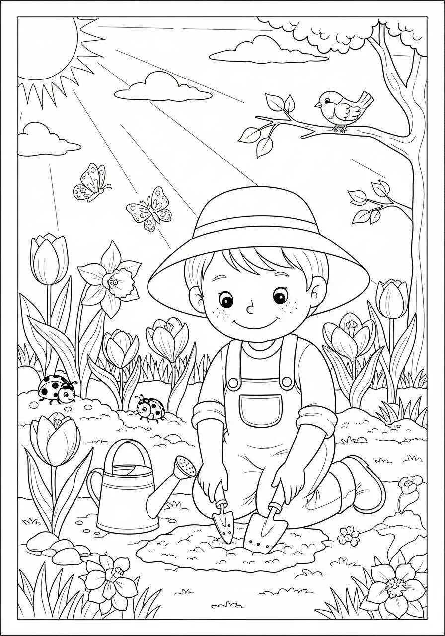 Desenho de Primavera com Criança Plantando Flores para Colorir