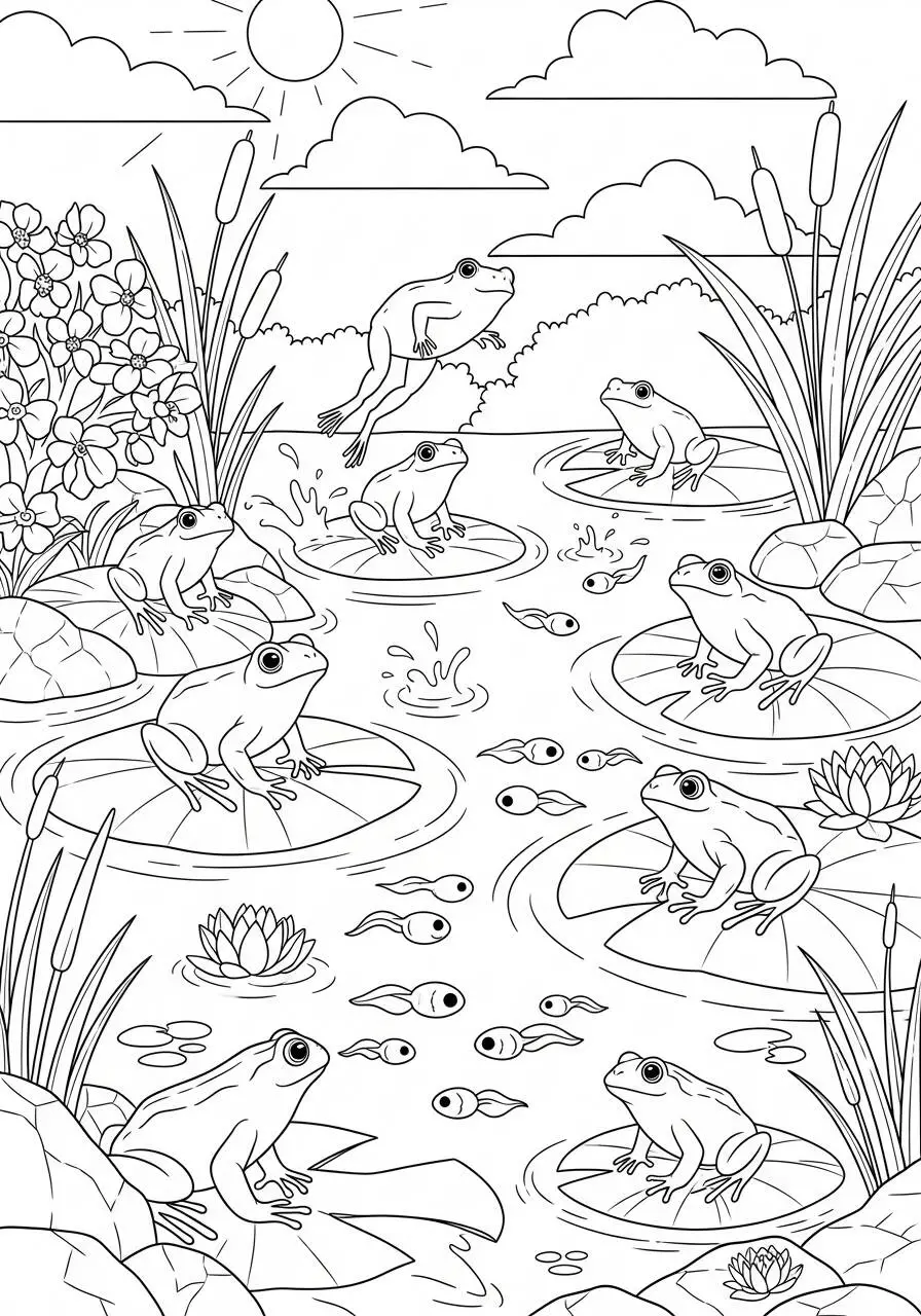 Desenho de Primavera com Sapos e Lago para Colorir