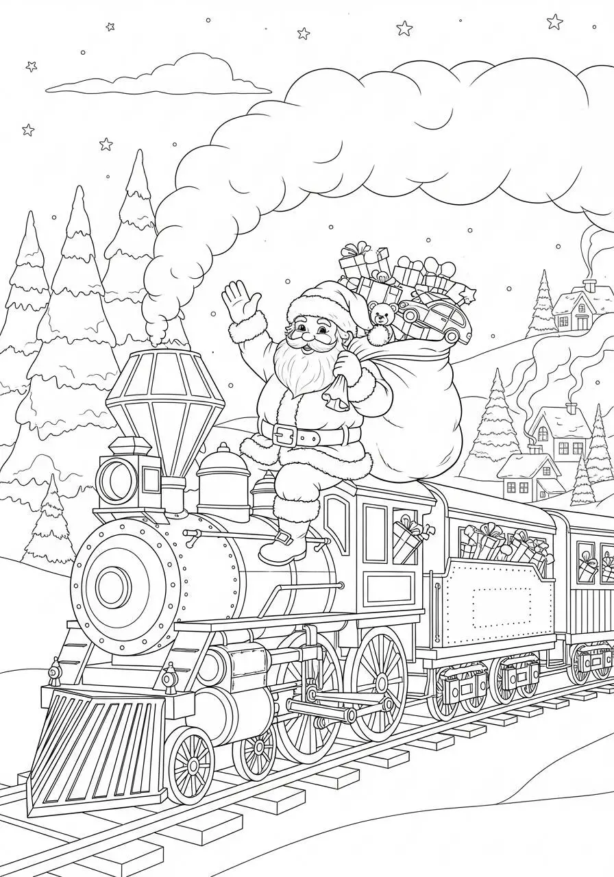 Desenho de Papai Noel no Trem com Saco de Presentes para Colorir
