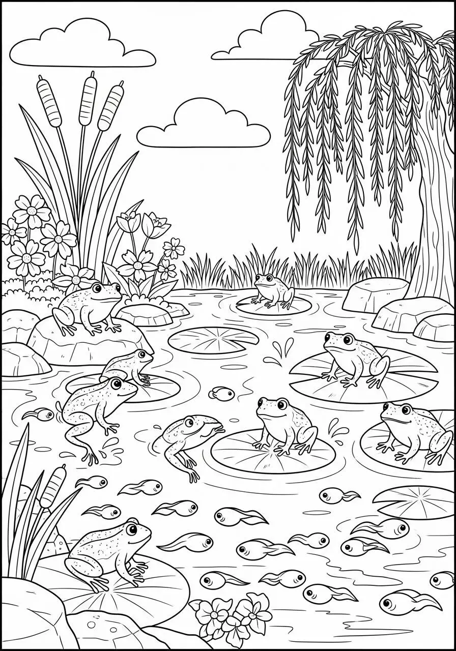 Desenho de Primavera com Sapos e Lírios d’Água para Colorir