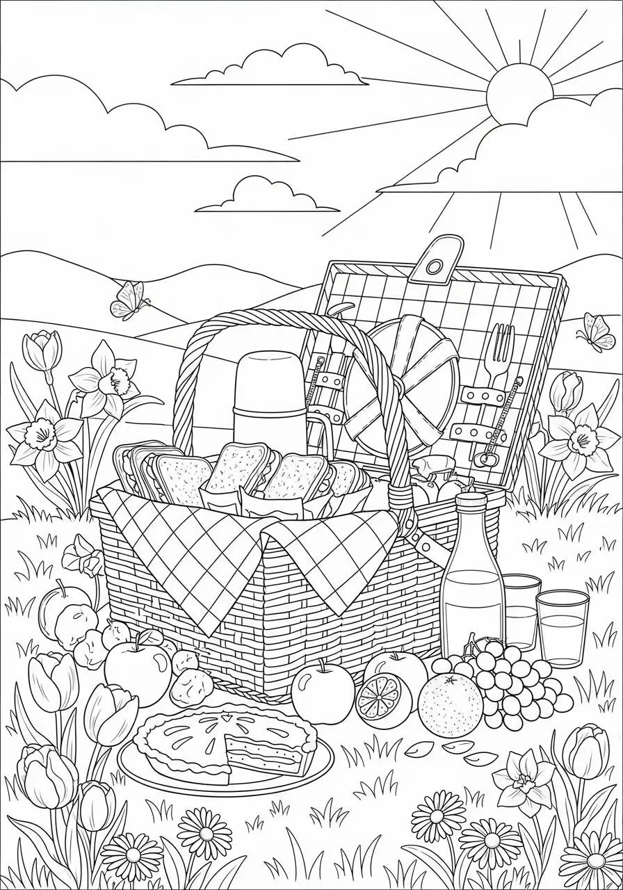 Desenho de Primavera com Piquenique e Flores para Colorir