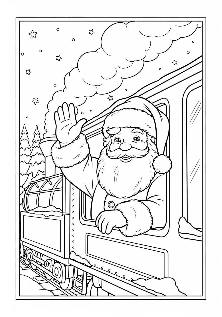 Desenho de Papai Noel Acenando na Janela do Trem para Colorir