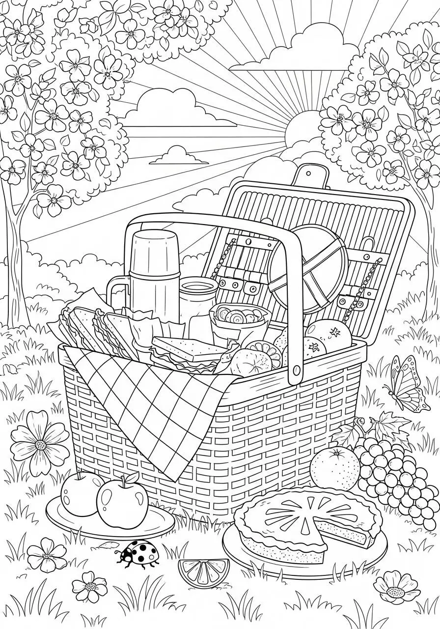 Desenho de Primavera com Piquenique e Natureza para Colorir
