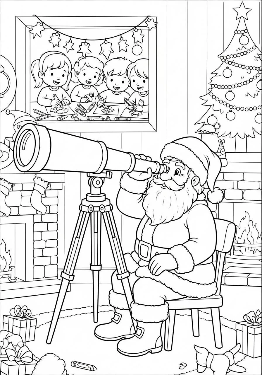 Desenho de Papai Noel Observando Crianças com Telescópio para Colorir