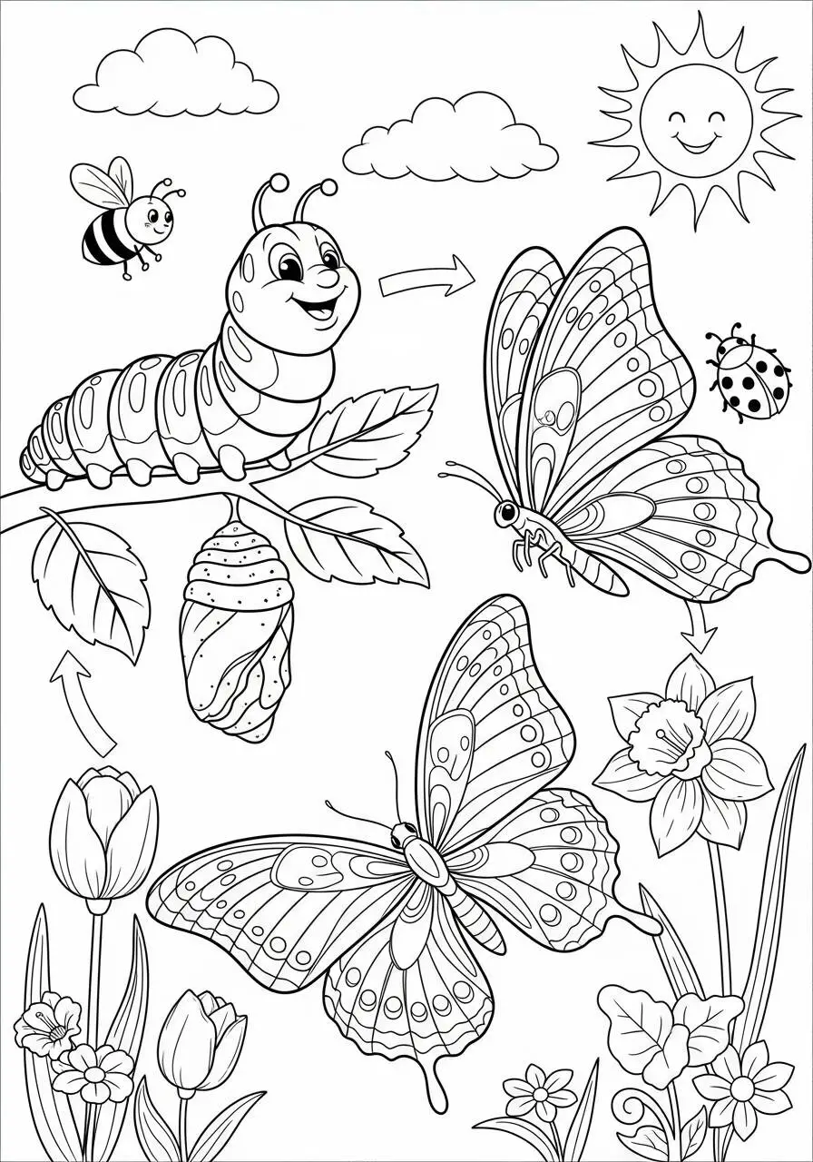 Desenho de Primavera com Borboletas e Flores para Colorir