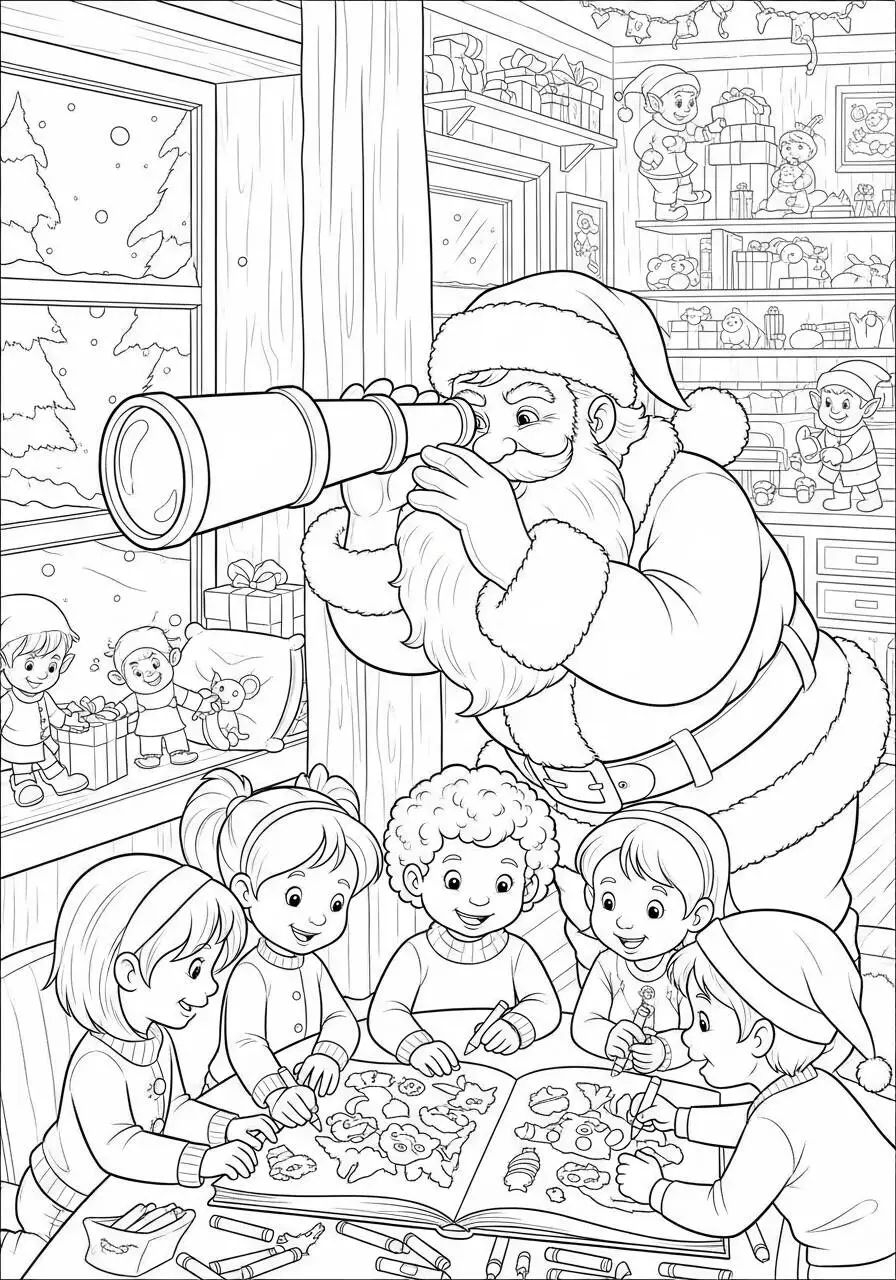 Desenho de Papai Noel Observando Crianças para Colorir
