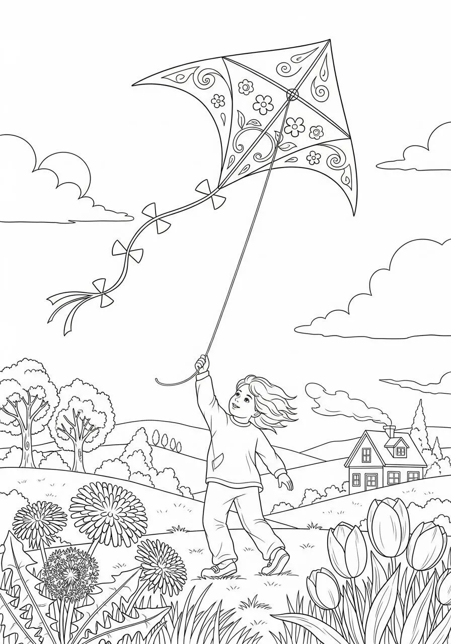 Desenho de Primavera com Pipa e Flores para Colorir