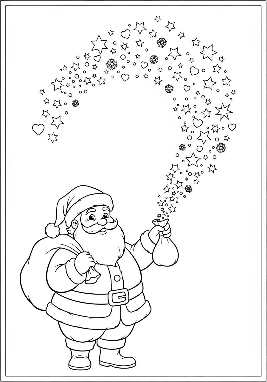 Desenho de Papai Noel com Saco de Presentes e Estrelas para Colorir