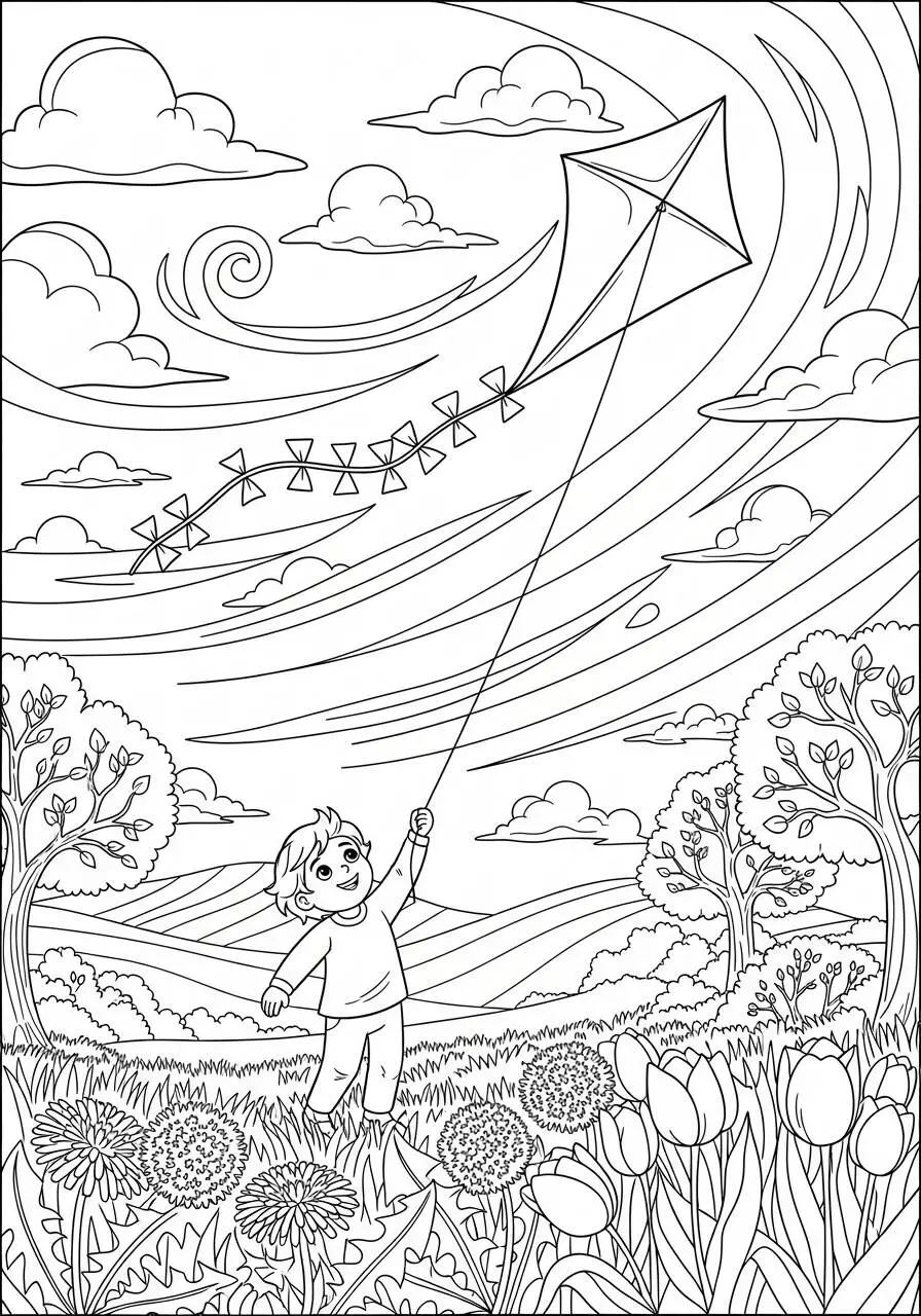 Desenho de Primavera com Criança Soltando Pipa para Colorir