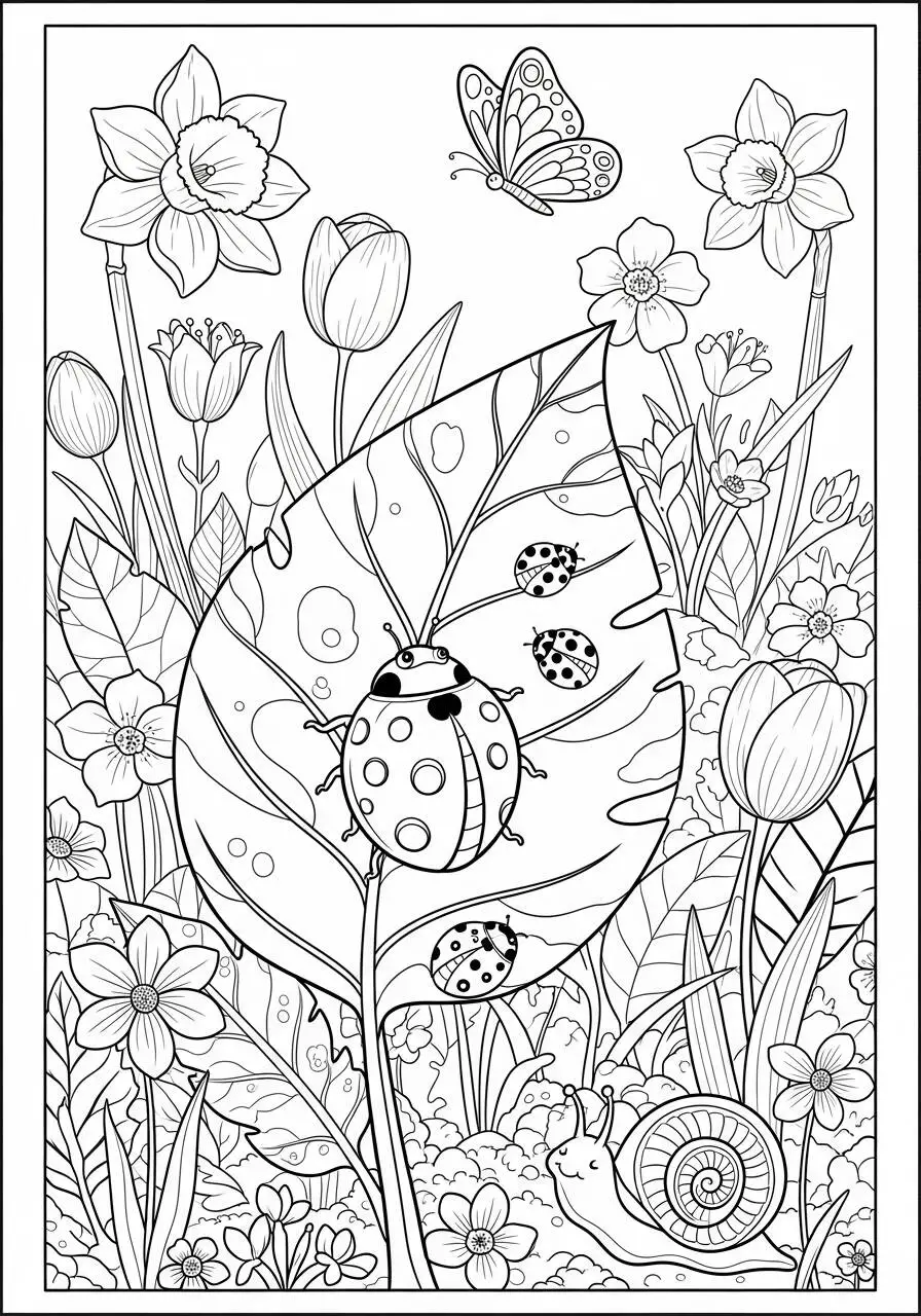 Desenho de Primavera com Insetos e Flores para Colorir