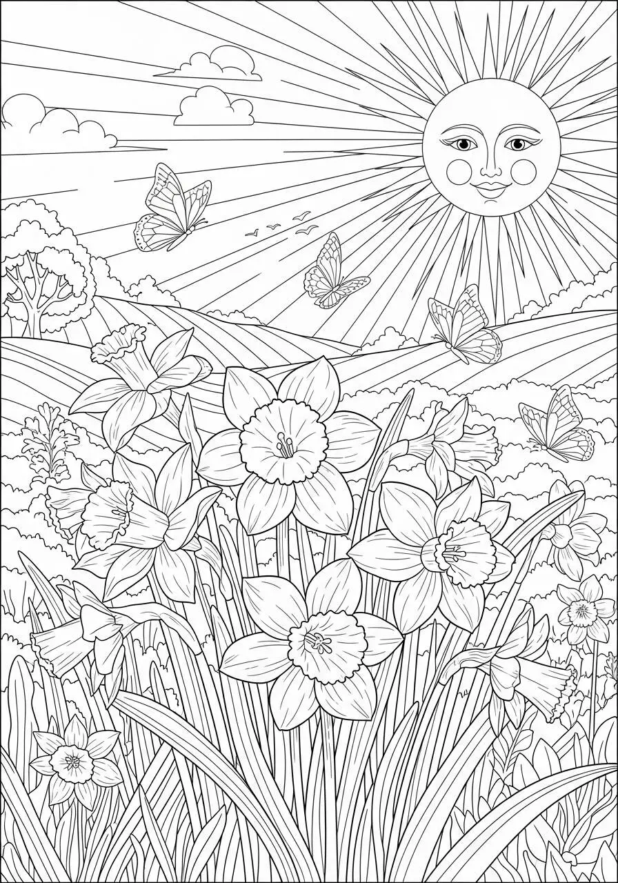 Coloriage de printemps avec des fleurs et un soleil radieux