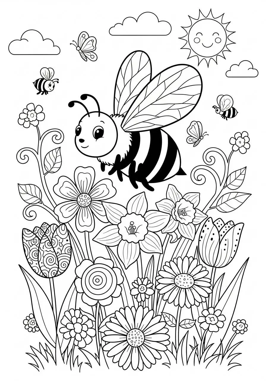 Coloriage de printemps avec abeille et fleurs