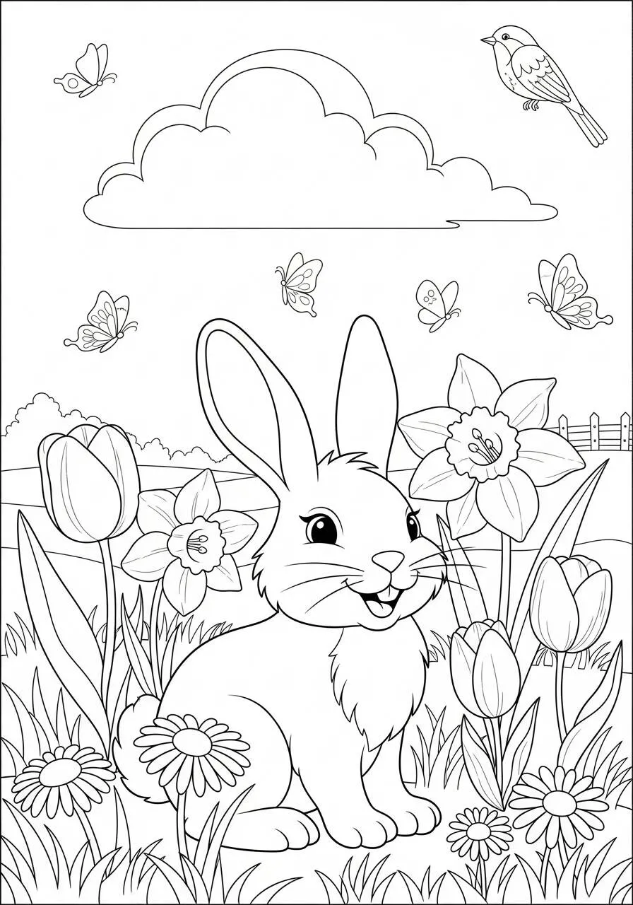 Coloriage de printemps avec lapin et fleurs