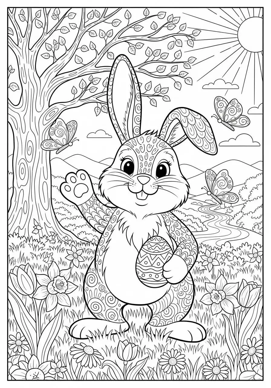 Coloriage de printemps avec lapin et œufs de Pâques