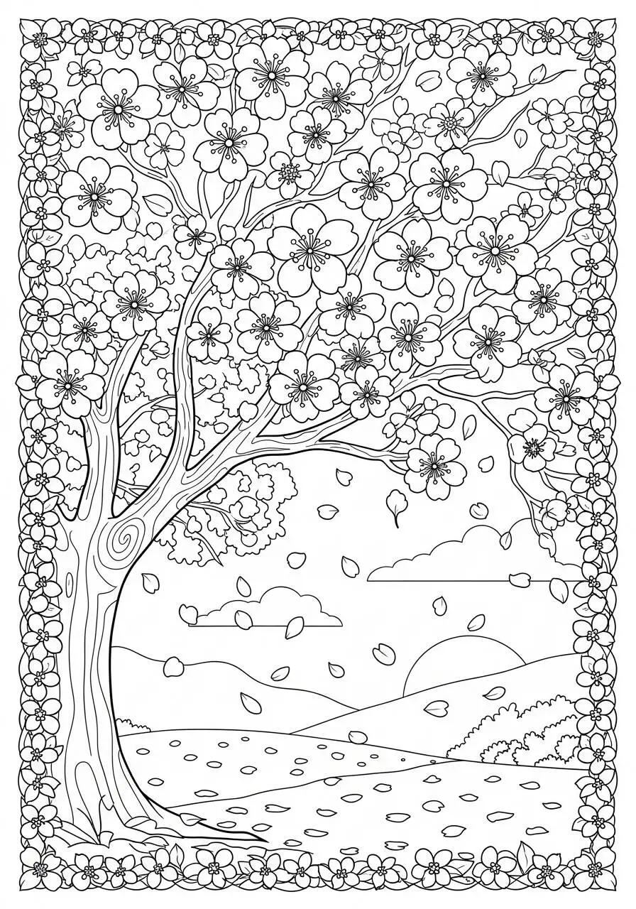 Dessin de printemps avec arbre fleuri et ciel bleu à colorier