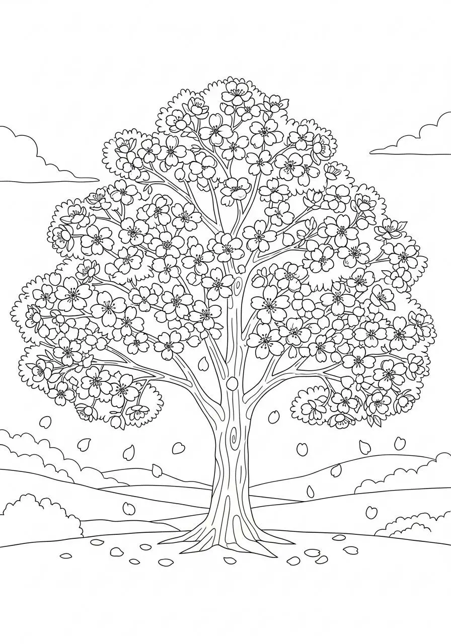 Coloriage de printemps avec un arbre en fleurs