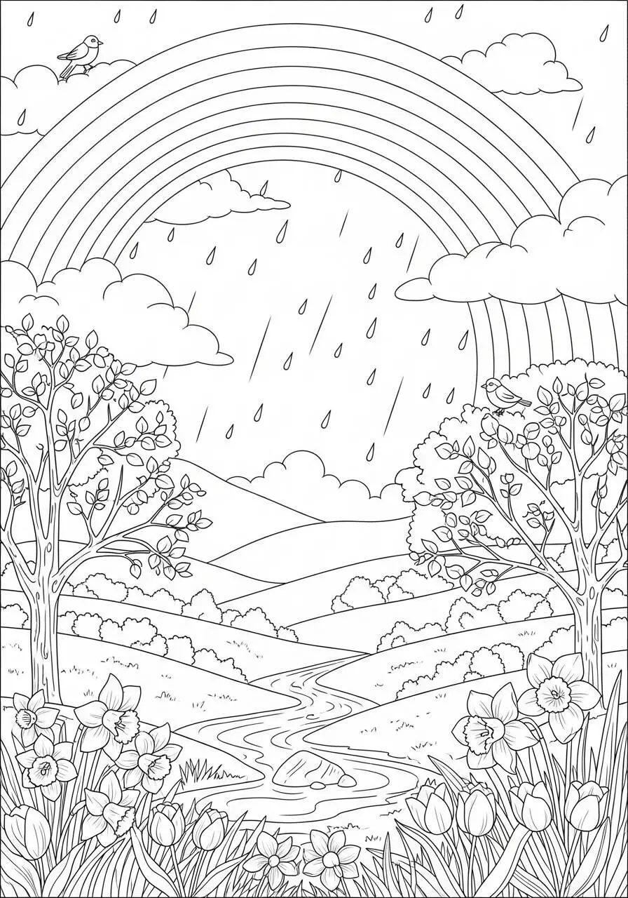 Dessin de printemps avec des arcs-en-ciel et des fleurs à colorier