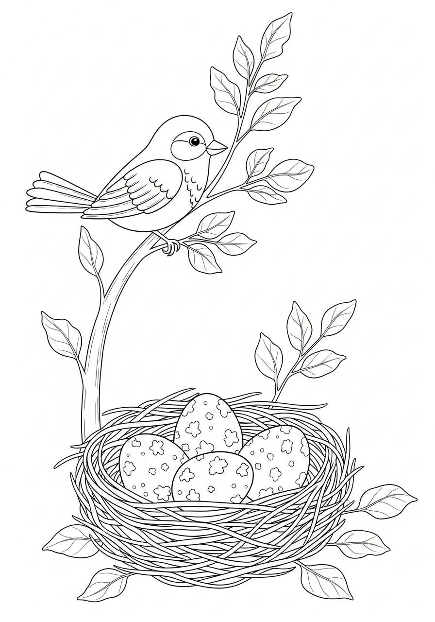 Coloriage de printemps avec oiseau et nid
