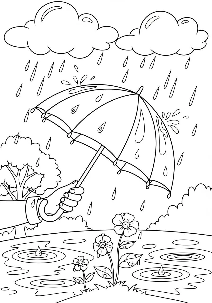Coloriage de printemps avec parapluie et pluie