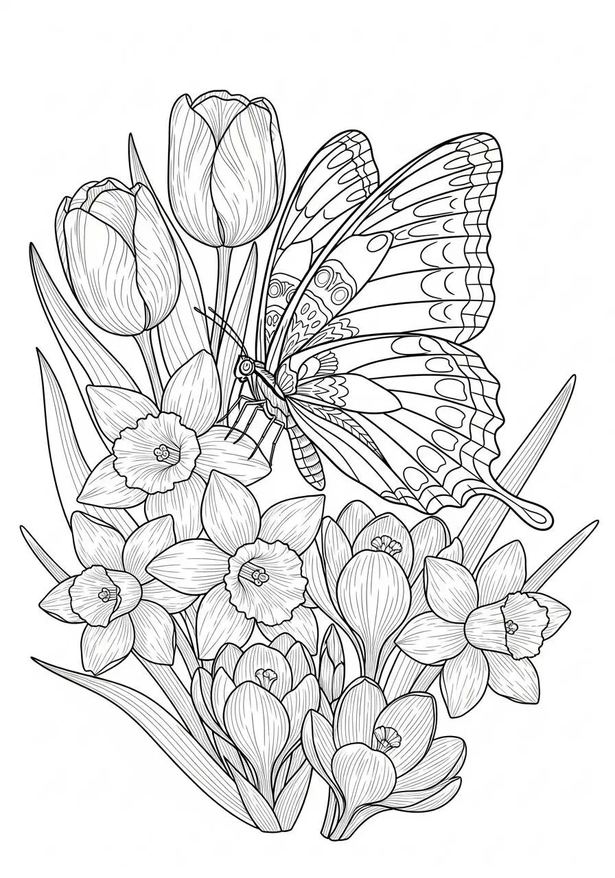 Coloriage de printemps avec papillon et fleurs
