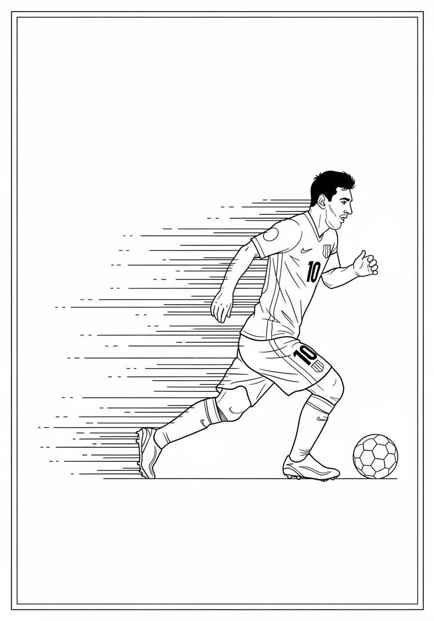 Ausmalbild: Messi rennt mit dem Ball