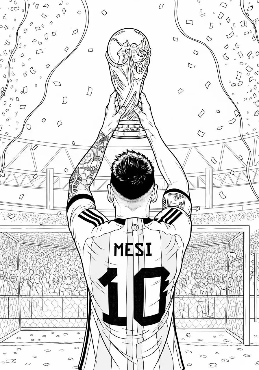 Ausmalbild: Messi hebt die Weltmeisterschaft hoch