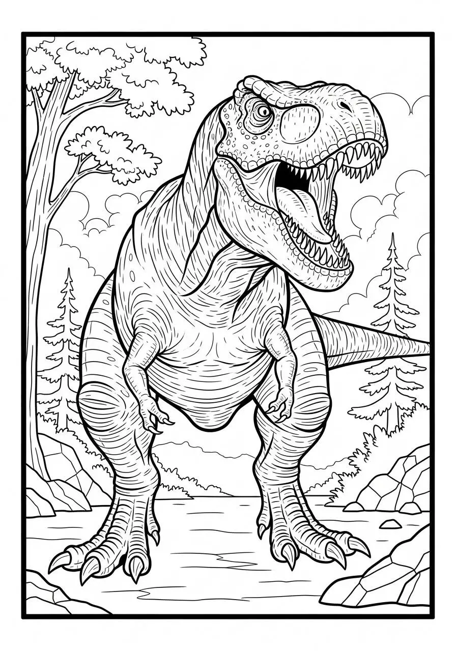 Dibujo de T Rex rugiendo en el bosque para colorear