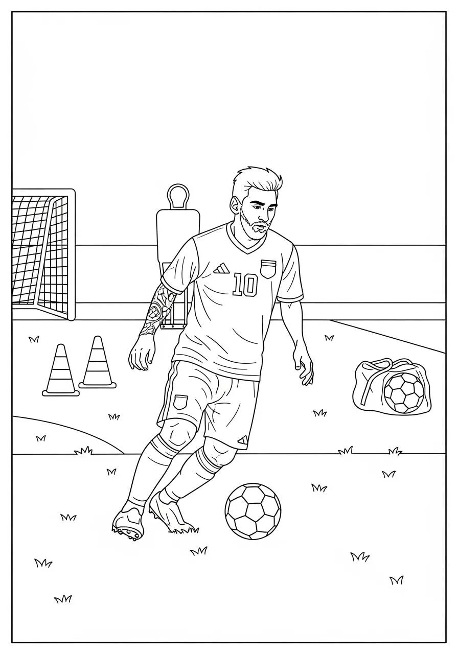 Ausmalbild: Messi dribbelt mit dem Ball