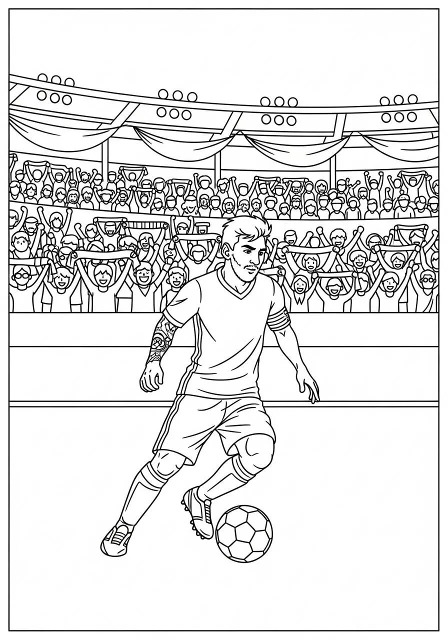 Ausmalbild: Messi dribbelt mit dem Ball