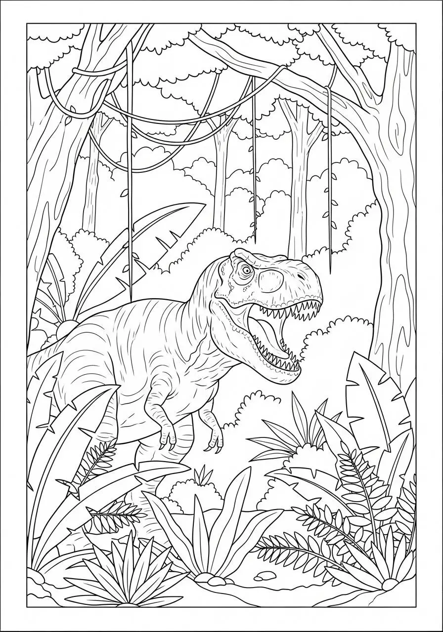 Dibujo de T Rex en el bosque para colorear