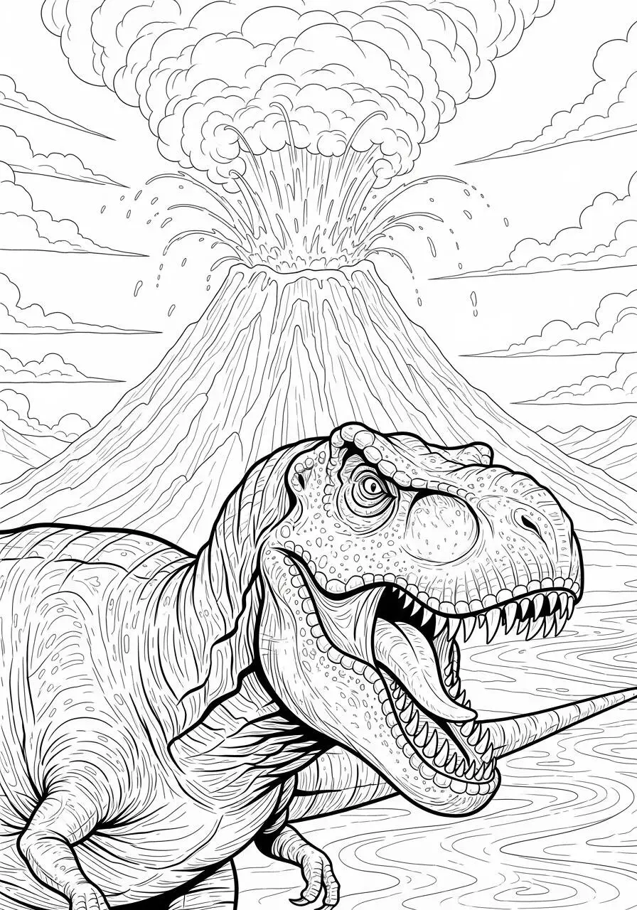Desenho de T Rex Rugindo com Vulcão ao Fundo para Colorir